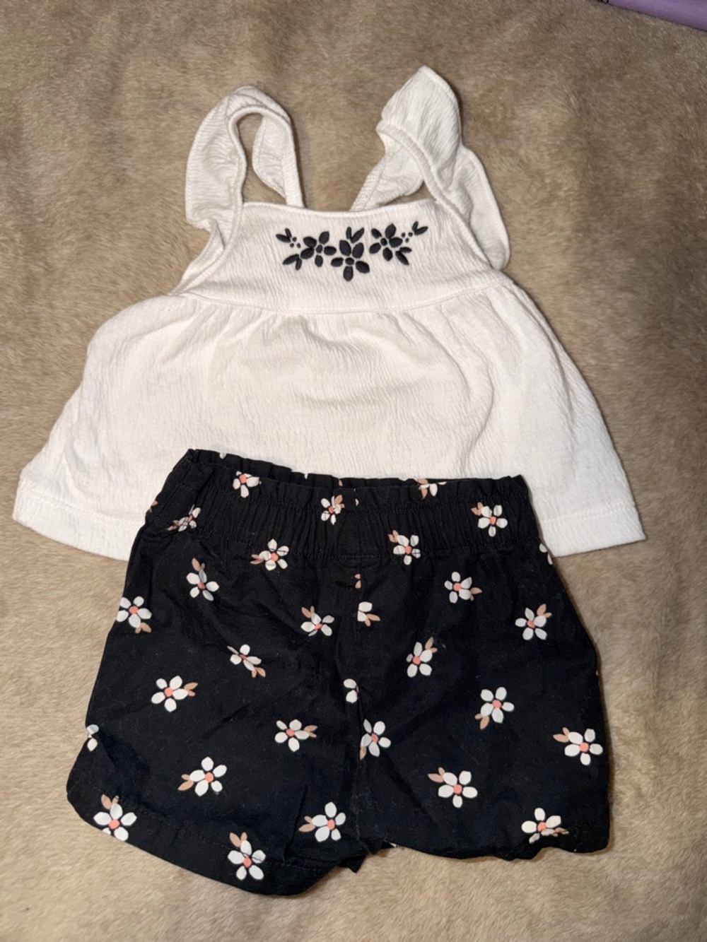 Carter's White Tank Top with Black Floral Shorts Set